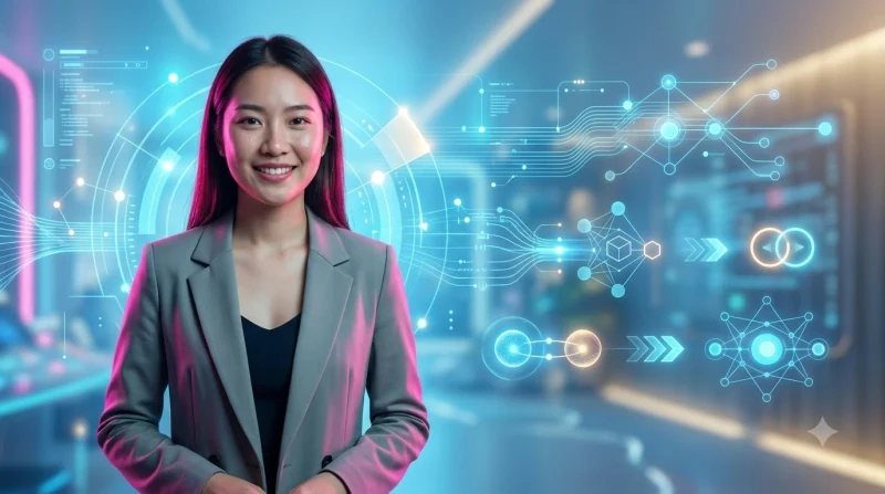 Ảnh minh họa CEO Hồ Quốc Việt trong văn phòng hiện đại với bảng điều khiển holographic, thể hiện vai trò lãnh đạo