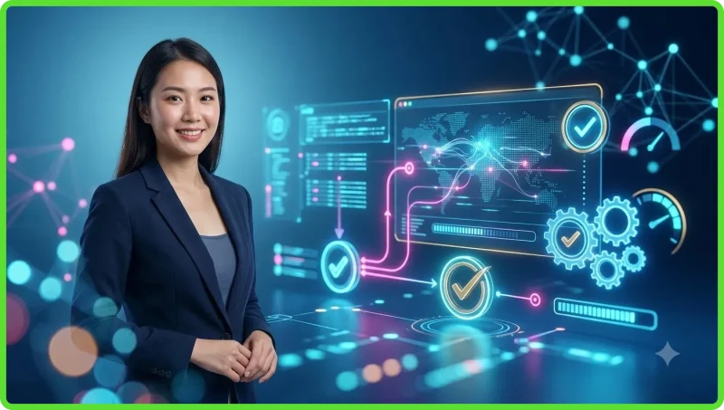 Ảnh minh họa CEO Hồ Quốc Việt trong văn phòng hiện đại với bảng điều khiển holographic, thể hiện vai trò lãnh đạo