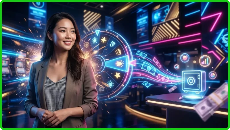 Ảnh minh họa khái niệm game nổ hũ đổi tiền mặt với giao diện quay hũ tương lai