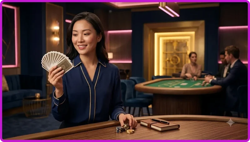 Bàn Baccarat với khu vực cược Player và Banker cùng chip casino