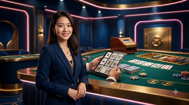 cac-la-bai-baccarat-duoc-trai-tren-mat-ban-xanh-kem-chip-vang Các lá bài Baccarat được trải trên mặt bàn xanh kèm chip vàng