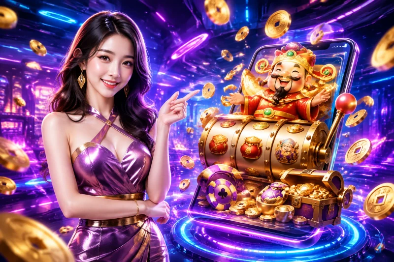 Máy nổ hũ thần tài đang hiển thị Jackpot lớn, tiền vàng văng ra