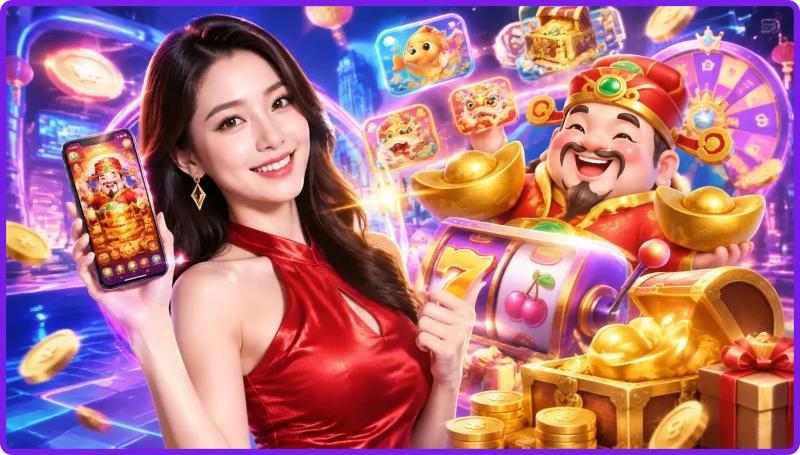 Máy nổ hũ thần tài đang hiển thị Jackpot lớn, tiền vàng văng ra