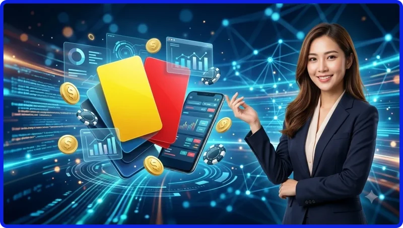 Minh họa cách tính điểm kèo thẻ phạt với thẻ vàng tương đương 0.5 điểm và thẻ đỏ 1 điểm trên bảng điện tử.