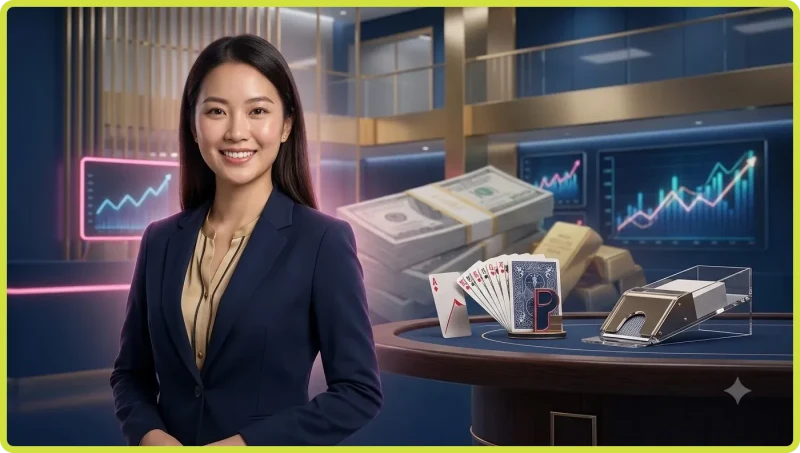 Người chơi chuyên nghiệp nghiên cứu bài Baccarat trên bàn cược casino sang trọng