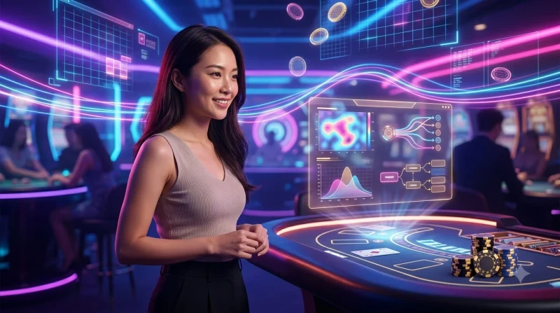Người chơi mới quan sát bàn Baccarat trong sòng bài sang trọng với ánh sáng điện ảnh