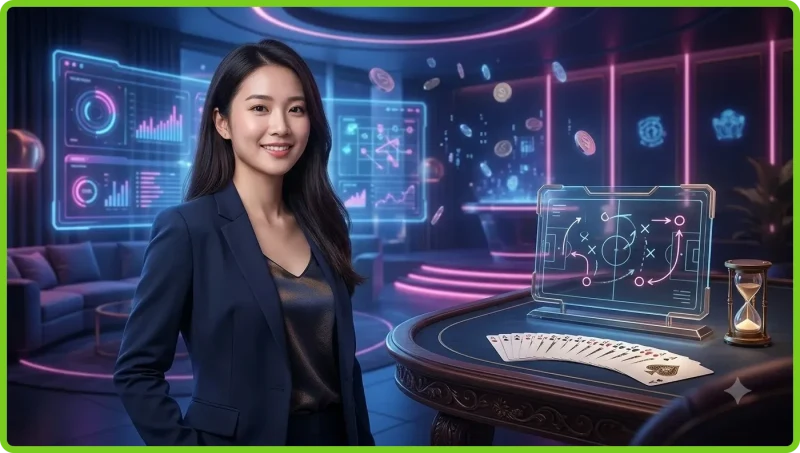 Người chơi mới quan sát bàn Baccarat trong sòng bài sang trọng với ánh sáng điện ảnh
