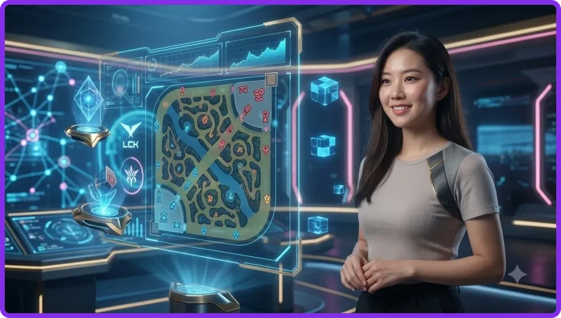 Sân vận động thể thao điện tử Liên Minh Huyền Thoại với ánh sáng neon rực rỡ